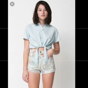 American Apparel light wash pale blue tie up shirt